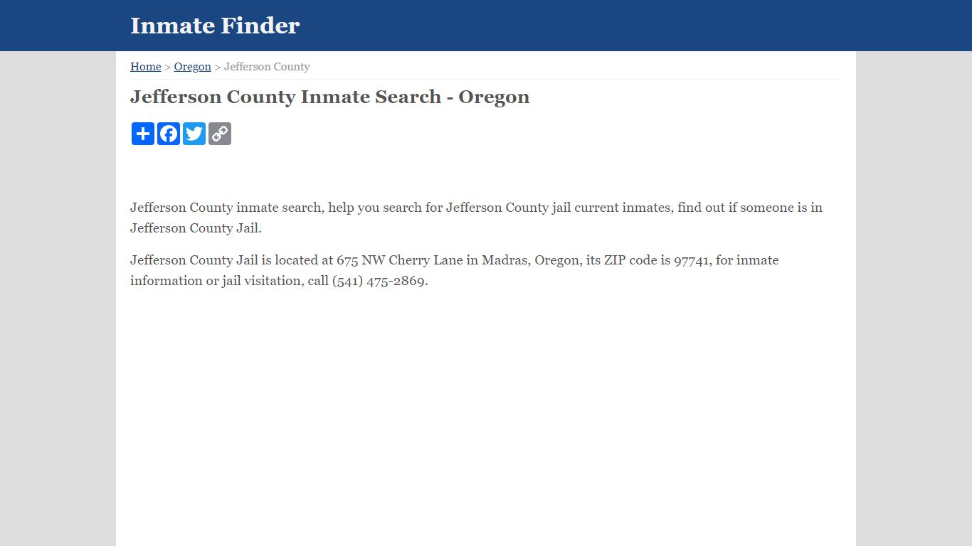 Jefferson County Inmate Search - Oregon - Inmate Finder